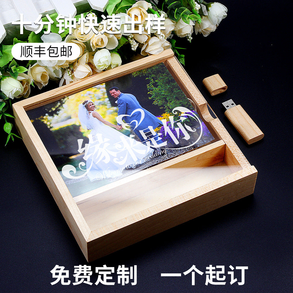Direct wooden photo album box + wooden USB flash drive for wedding photography 3.0 64GB